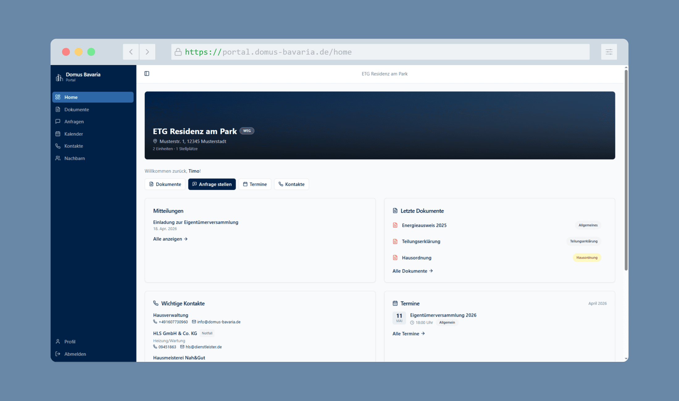 Domus Bavaria Portal – Dashboard-Ansicht